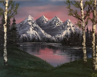 Crimson Evening, Original Oil Painting, Stretched Canvas, 9x12, Bob Ross Style