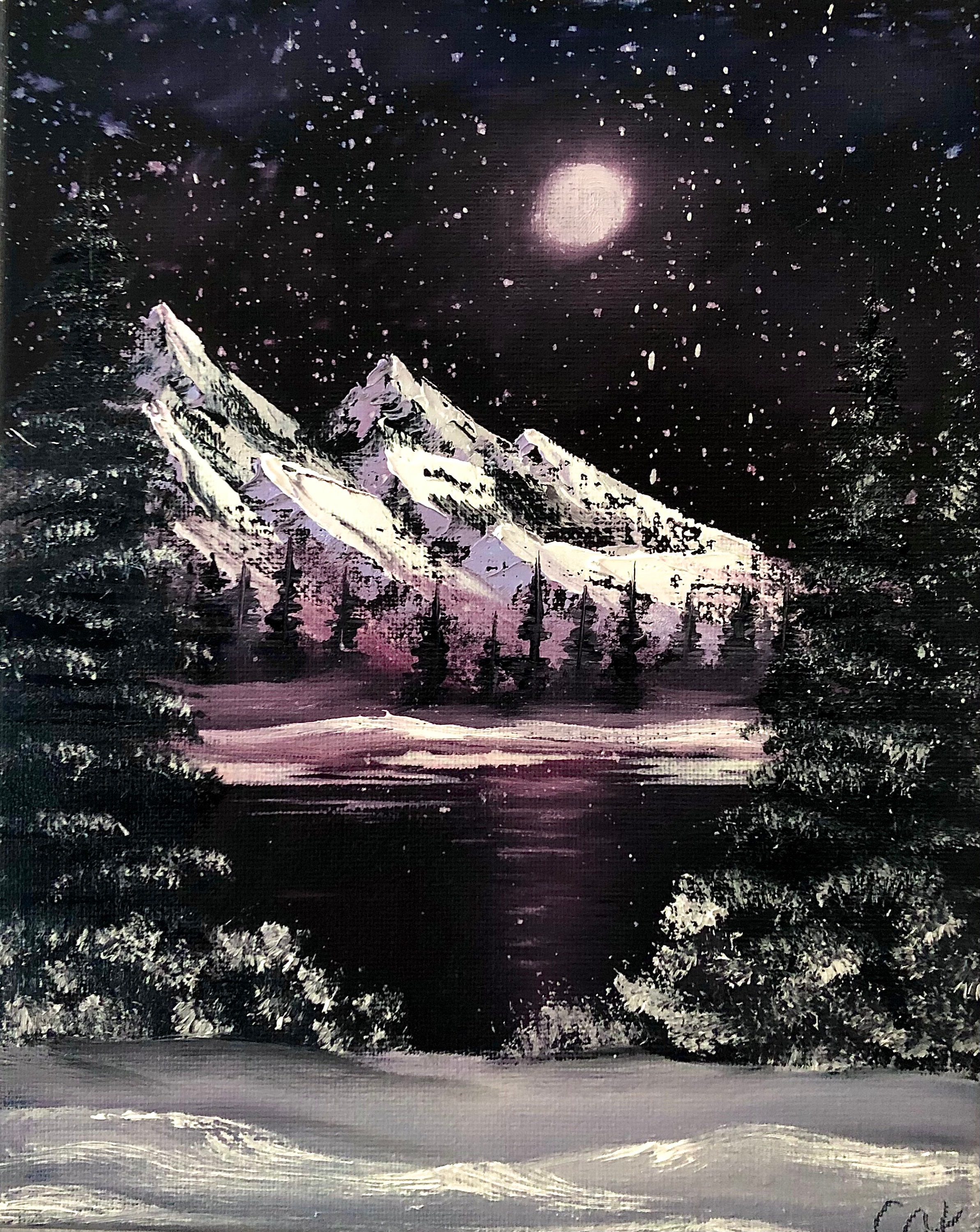 月明かりの山、オリジナル油絵、ボブ ロス スタイル、8x10、キャンバス