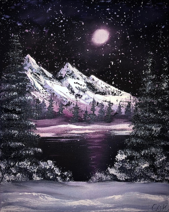 月明かりの山、オリジナル油絵、ボブ ロス スタイル、8x10、キャンバス