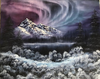 Northern Lights, Original Oil Painting, Stretched Canvas, 16x20, Bob Ross Style