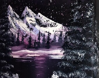 月明かりの山、オリジナル油絵、ボブ ロス スタイル、8x10、キャンバス