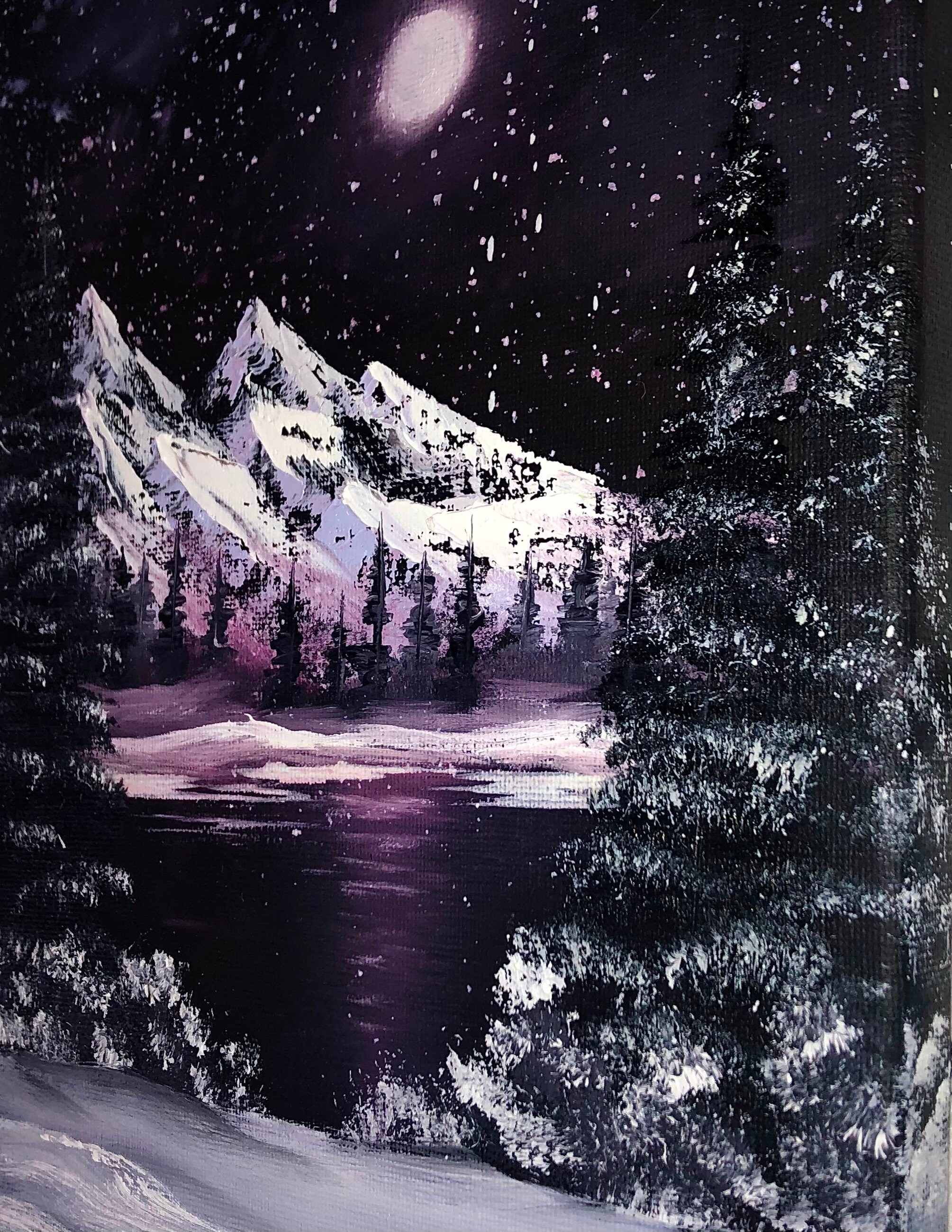 Moonlit Mountain, Original Oil Painting, Bob Ross Style, 8x10