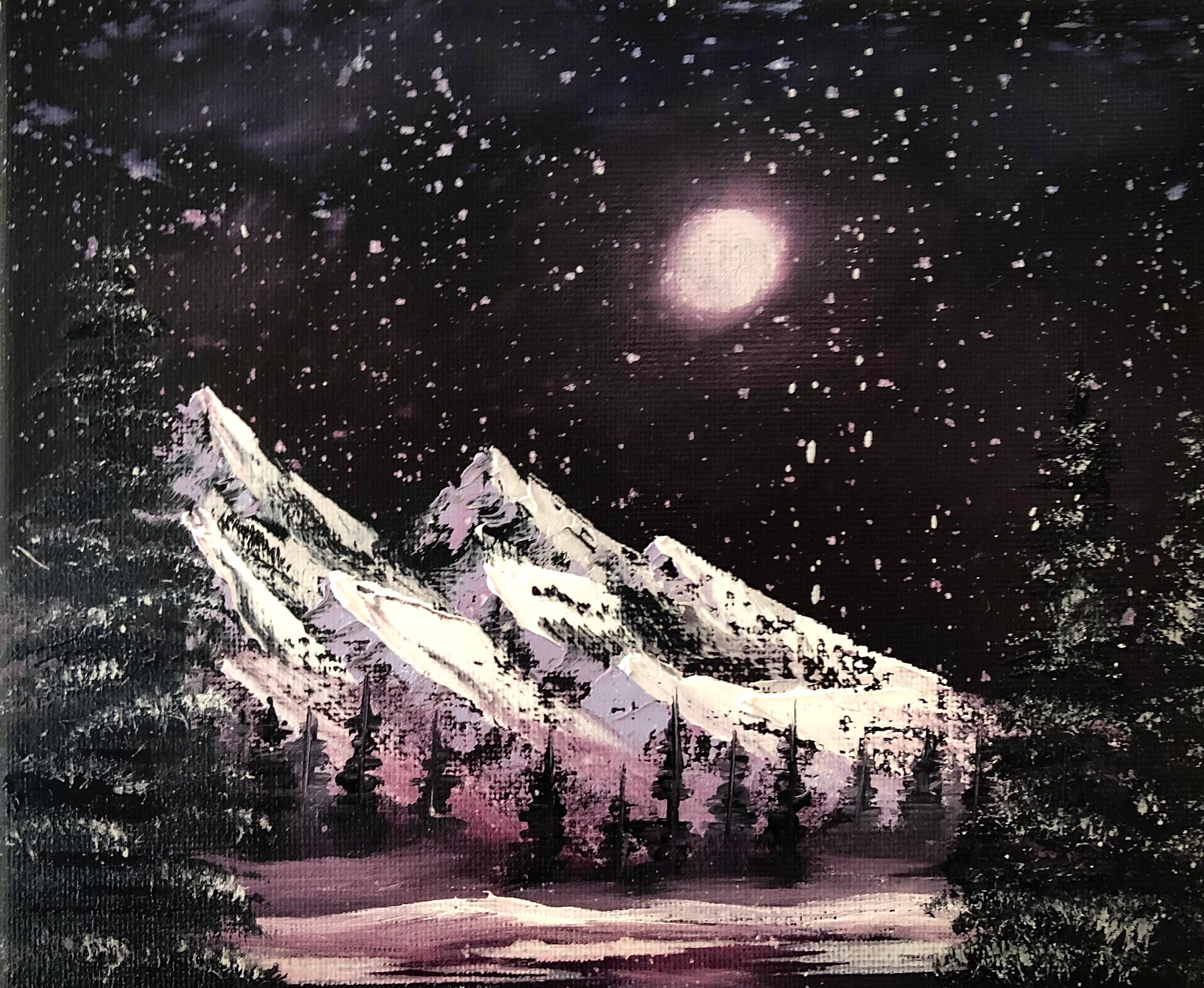 月明かりの山、オリジナル油絵、ボブ ロス スタイル、8x10、キャンバス