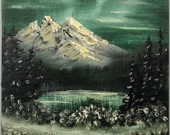 Emerald Mountain, Original Oil Painting, Stretched Canvas, 4x4, Bob Ross style