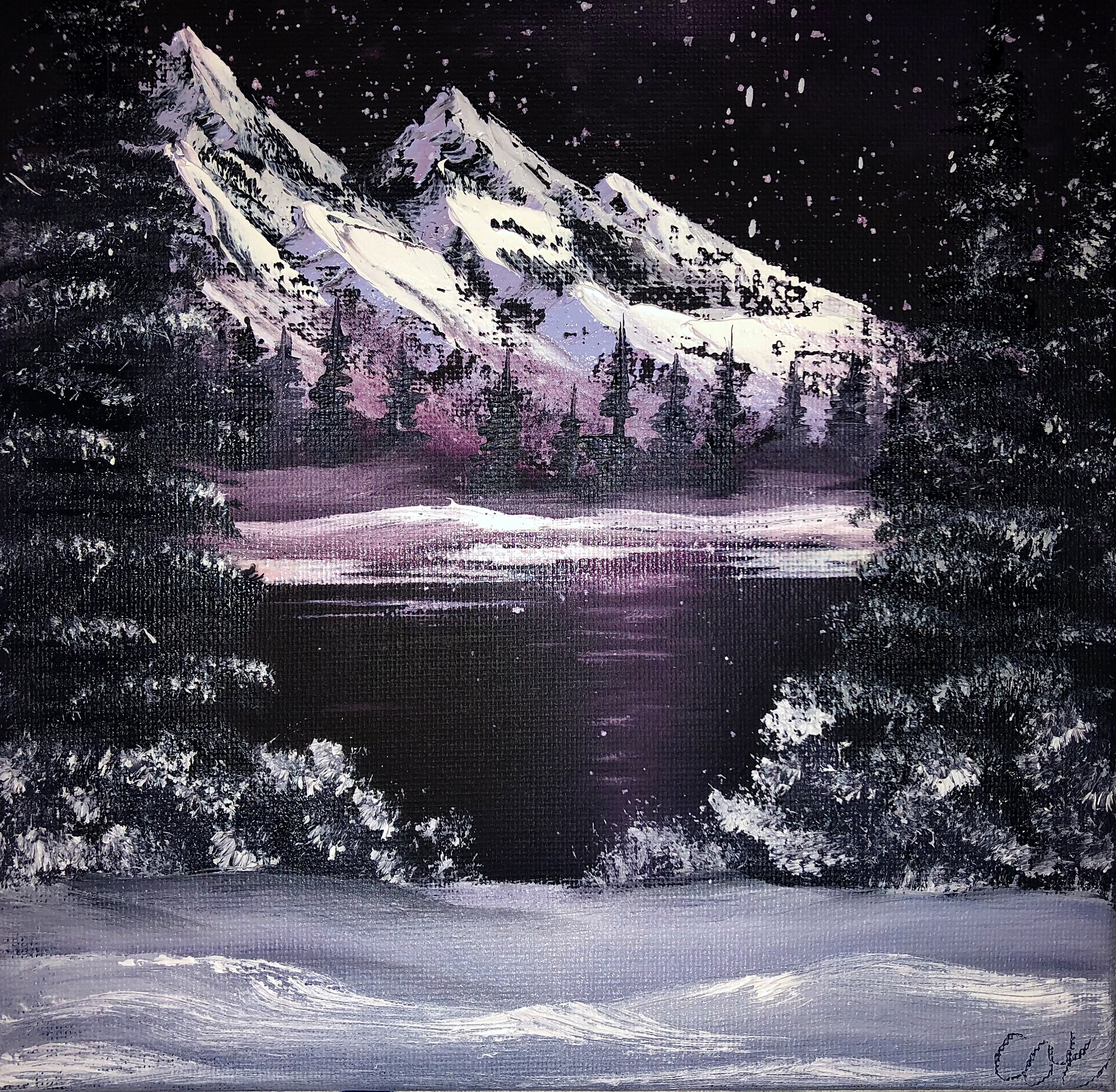 月明かりの山、オリジナル油絵、ボブ ロス スタイル、8x10、キャンバス