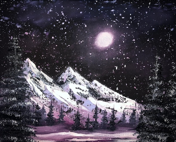 月明かりの山、オリジナル油絵、ボブ ロス スタイル、8x10、キャンバス
