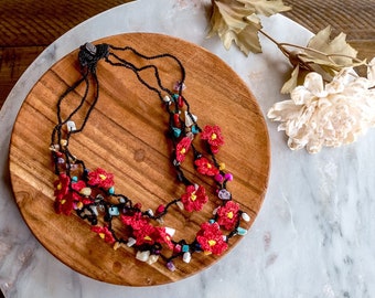 Floral Necklace Statement Necklace Lace Necklace Crochet Choker Boho Jewelry Embroidery Wedding Women Flower Pendant Botanical Jewelry