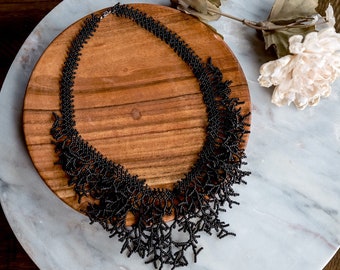 Beaded Necklace Bold Black Statement Necklace Boho Jewelry Unique Beaded Statement Necklace Beaded Choker Black Beaded Choker Beaded Pendant
