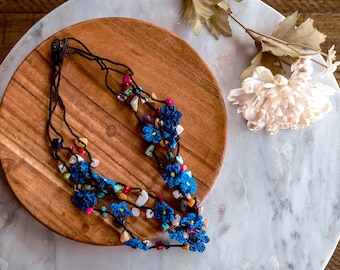 Floral Necklace Blue Statement Necklace Lace Necklace Crochet Choker Boho Jewelry Embroidery Wedding Women Flower Pendant Botanical Jewelry