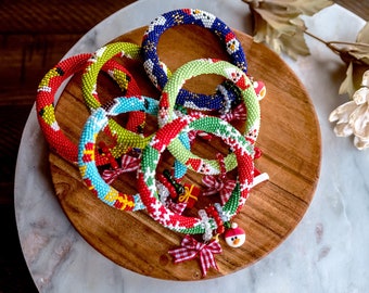 Christmas Bracelet Beaded Christmas Bangle Stacking Bracelet Cute