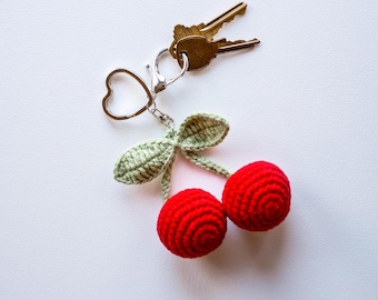 Cherry Keychain Cherry Charm Cherry Bag Charm Cherry Zipper Pull Food Keychain Cherry Backpack Charm Cute Crochet Keychain Stocking Stuffer