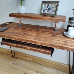Rustic Desk, with Retractable Keyboard Shelf, Raised Stand & Steel Hairpin Legs Reclaimed Wood Table Workspace Furniture Industrial Bild 7