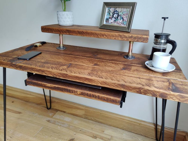 Rustic Desk, with Retractable Keyboard Shelf, Raised Stand & Steel Hairpin Legs Reclaimed Wood Table Workspace Furniture Industrial Bild 7