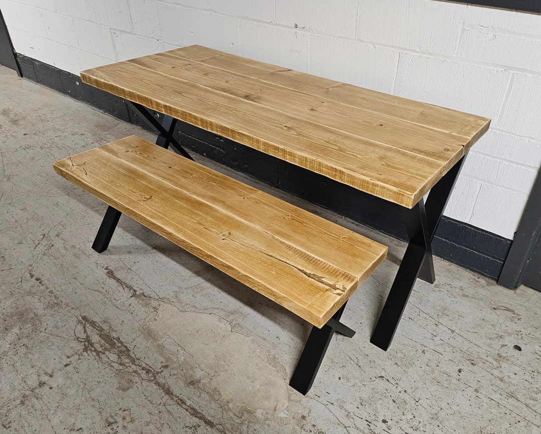 Chunky Rustic Dining Table & Bench Set, With Black X Frame Legs ...