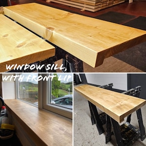 May include: A light-coloured wooden window sill featuring a prominent front lip. The wood grain is visible with natural knots and a smooth finish. The text "WINDOW SILL, WITH FRONT LIP" is overlaid on the image, showing the product installed.