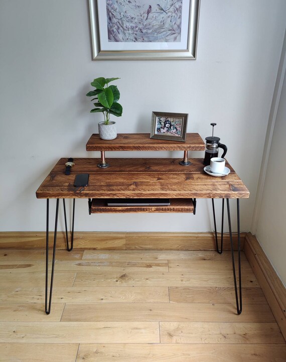 Rustic Desk With Retractable Keyboard Shelf Raised Stand Steel