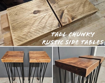Tall Chunky Rustic Tables, supported by Steel Hairpin Legs | Scandinavian Redwood | Farmhouse Furniture | Modern Bedside Tables | Industrial