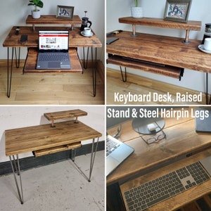 Rustic Desk, with Retractable Keyboard Shelf, Raised Stand & Steel Hairpin Legs Reclaimed Wood Table Workspace Furniture Industrial Bild 1