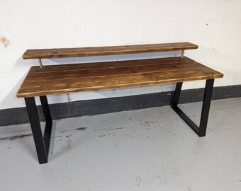 Two-Tier Reclaimed Wood Desk, Black Steel Legs, Rustic Home Office