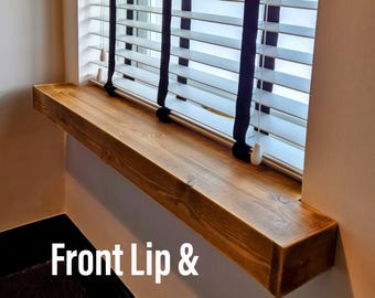 Rustic Window Sills, with Front Lip & Corner Notch Covers | Window Ledge Shelf | Farmhouse Decor | Wood Display Stand | Bathroom Sill