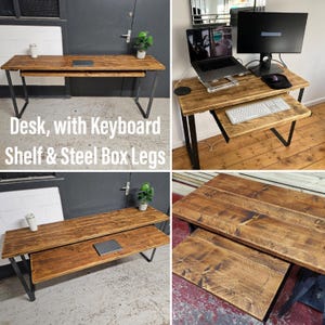 May include: A rustic wooden desk with a pull-out keyboard shelf and black metal box legs. The desk is made from reclaimed wood and has a natural, distressed finish.