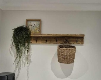 Rustic Shelf & Backboard, with Antique Bronze Hooks (Various Sizes/ Colours Available)