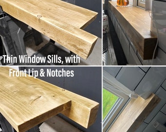 Thin Window Sills, with Front Lip & Corner Notches | Window Ledge Shelf | Farmhouse Decor | Wood Display Stand | Bathroom Sill | Rustic