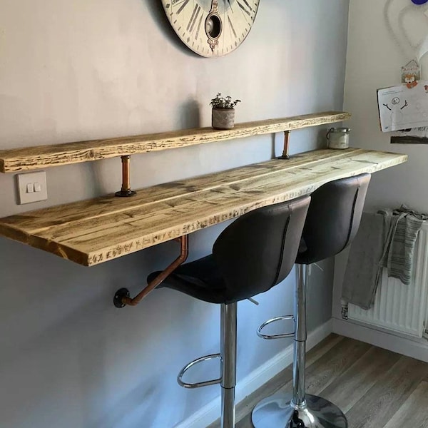 Wall Mounted 'Two-Tier' Breakfast Bar, Supported by Wall Mounted Copper Pipe Brackets| | Reclaimed Wood | Kitchen Island | Wood Countertop