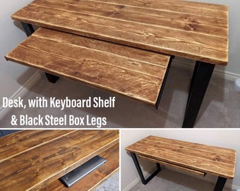 Rustic Desk/ Table, with Retractable Keyboard Shelf & Black Steel Box Legs | Workspace Furniture | Industrial Style Desk | Home Office |