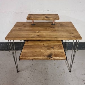Rustic Desk, with Retractable Keyboard Shelf, Raised Stand & Steel Hairpin Legs Reclaimed Wood Table Workspace Furniture Industrial Bild 8