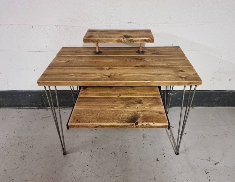 Rustic Desk, with Retractable Keyboard Shelf, Raised Stand & Steel Hairpin Legs Reclaimed Wood Table Workspace Furniture Industrial Bild 8