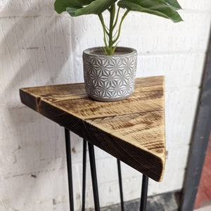 TRIANGULAR Rustic Plant Stand/ End Table, with Steel Hairpin Legs| Reclaimed Wood