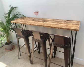 Rustic Breakfast Bar, with Steel Hairpin Legs | Reclaimed Wood | Kitchen Island | Wood Countertop | Dining Furniture | Farmhouse Decor