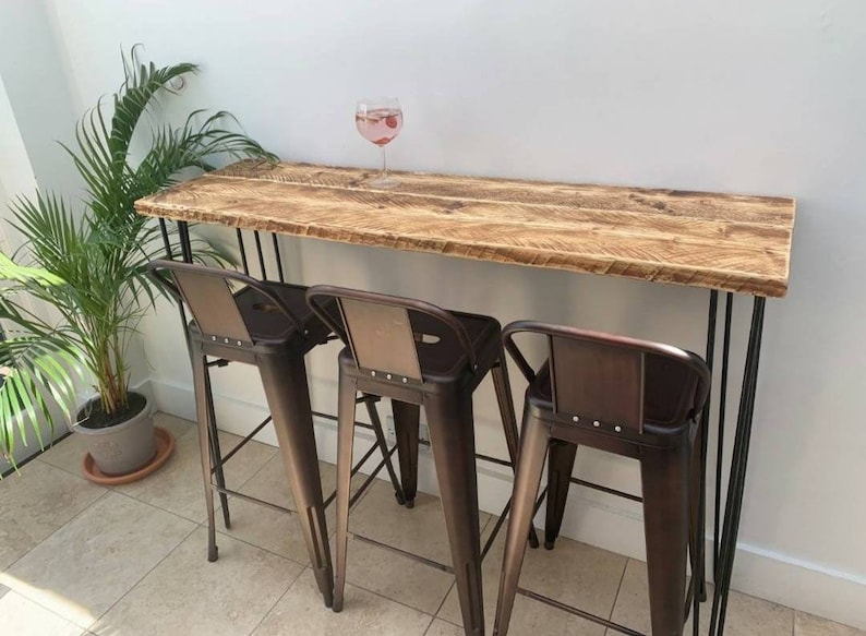 Reclaimed Wood Rustic BREAKFAST BAR, with Steel Hairpin Legs 