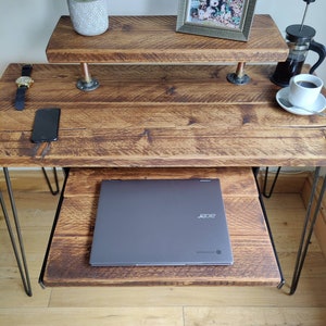 Rustic Desk, with Retractable Keyboard Shelf, Raised Stand & Steel Hairpin Legs Reclaimed Wood Table Workspace Furniture Industrial Bild 4