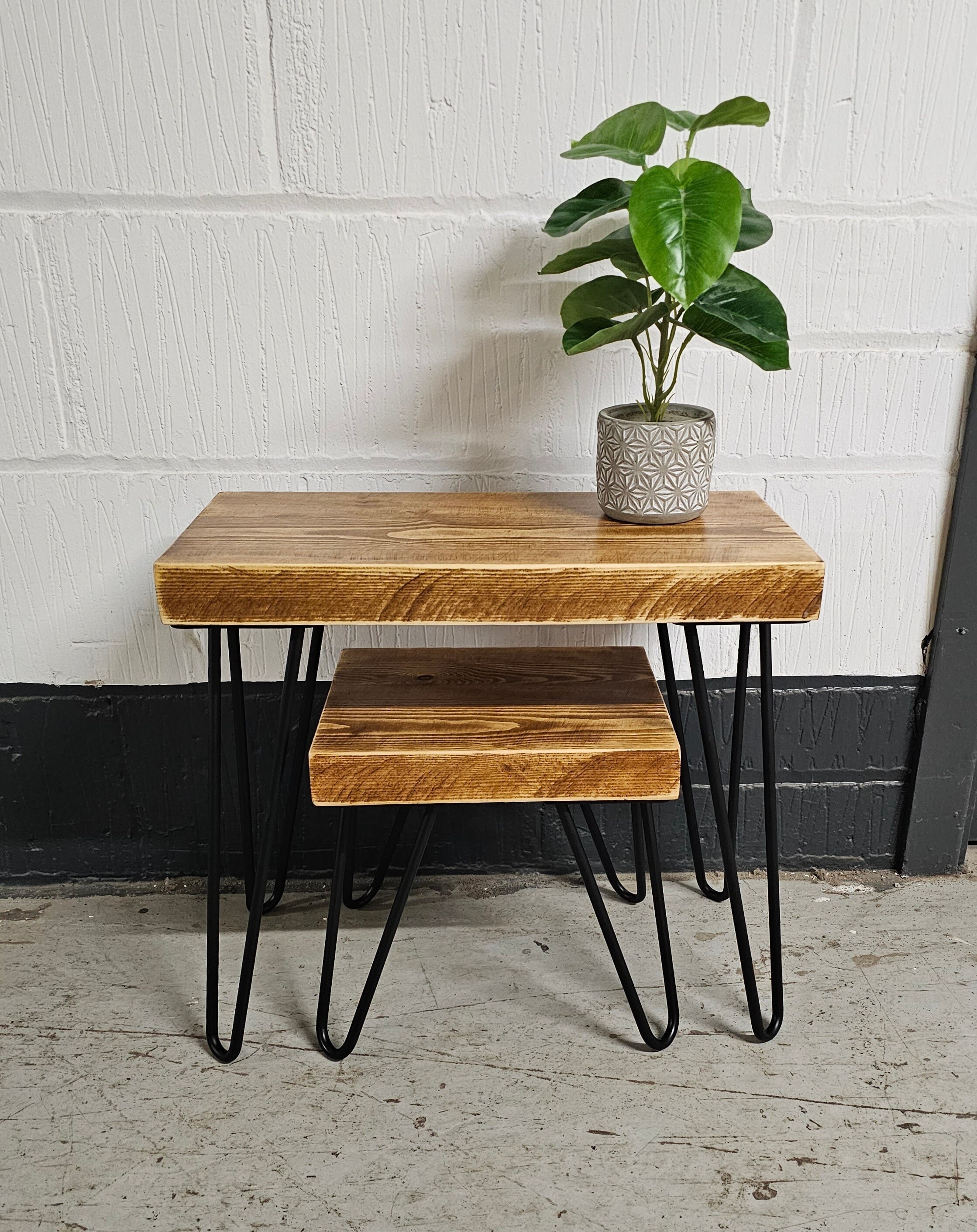 Chunky Rustic Nest of Tables Supported by Steel Hairpin Legs
