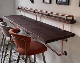 Wall Mounted 'Two-Tier' Breakfast Bar, Supported by Wall Mounted Copper Pipe Brackets| | Reclaimed Wood | Kitchen Island | Wood Countertop