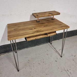 Rustic Desk, with Retractable Keyboard Shelf, Raised Stand & Steel Hairpin Legs Reclaimed Wood Table Workspace Furniture Industrial Bild 3