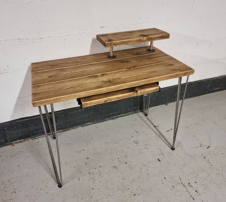 Rustic Desk, with Retractable Keyboard Shelf, Raised Stand & Steel Hairpin Legs Reclaimed Wood Table Workspace Furniture Industrial Bild 3