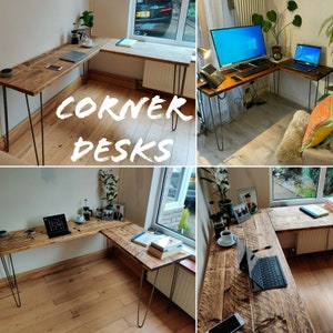 K&ouml;nnte beinhalten: Drei verschiedene Ecktische aus recyceltem Holz mit Haarnadelbeinen. Die Tische stehen in verschiedenen R&auml;umen mit unterschiedlicher Einrichtung. Die Tische sind alle L-f&ouml;rmig und haben einen rustikalen Look.