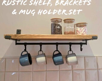 Rustic Shelf and Brackets, with Steel Mug Holder & Hooks Set | Reclaimed Wood | Home Decor | Wall Mounted Shelves | Utensils Holder