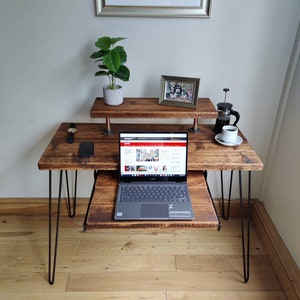 Rustic Desk, with Retractable Keyboard Shelf, Raised Stand & Steel Hairpin Legs Reclaimed Wood Table Workspace Furniture Industrial Bild 2