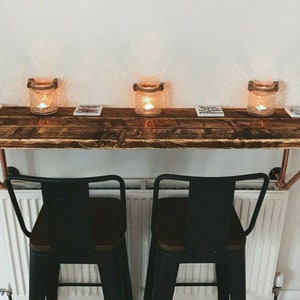 Wall Mounted Rustic Breakfast Bar, supported by Wall Mounted Copper Pipe Brackets | Reclaimed Wood | Kitchen Island | Wood Countertop