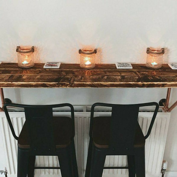 Wall Mounted Rustic Breakfast Bar, supported by Wall Mounted Copper Pipe Brackets | Reclaimed Wood | Kitchen Island | Wood Countertop