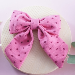 Large baby hair bows made with sustainable materials - Pink Sailor bow Embroided - toddler hair clips - fall hair accessories