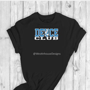 May include: Black t-shirt with a blue and white graphic that says "DEUCE CLUB" and a small white dove graphic. The text "@WestinhouseDesigns" is below the graphic.