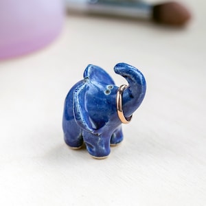 Elephant Ring Holder, Blue ceramic elephant figurine desk buddy, Collectible elephant gifts, Proposal ideas