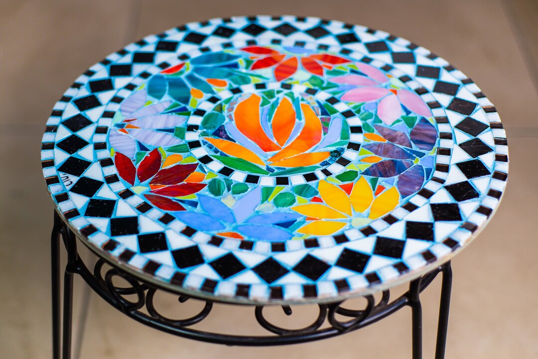 Custom Made 13.5 Floral Side Table or Wall Hanging Side Table Glass