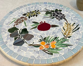 Made in Israel- Glass Mosaic Round Floral Seven Species Lazy Susan -Wedding gift Birthday gift Anniversary gift