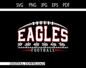 Può includere: Una grafica bianca con contorni rossi della parola "EAGLES" con una grafica di football sopra la parola e una grafica di campo da football sotto la parola. Il testo "FOOTBALL" è sotto la grafica del campo.